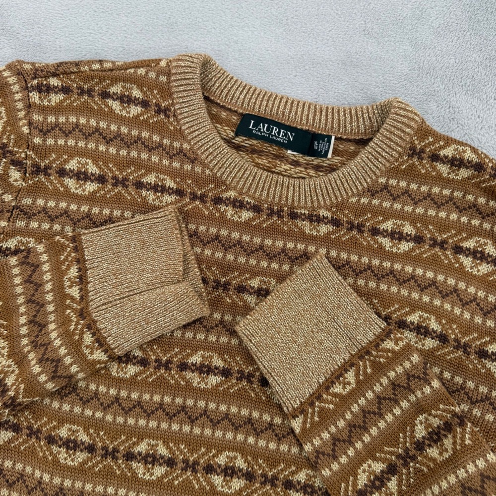 Lauren Ralph Lauren Sweater XL Brown Gold Metallic Fair Isle Knit Crewneck
